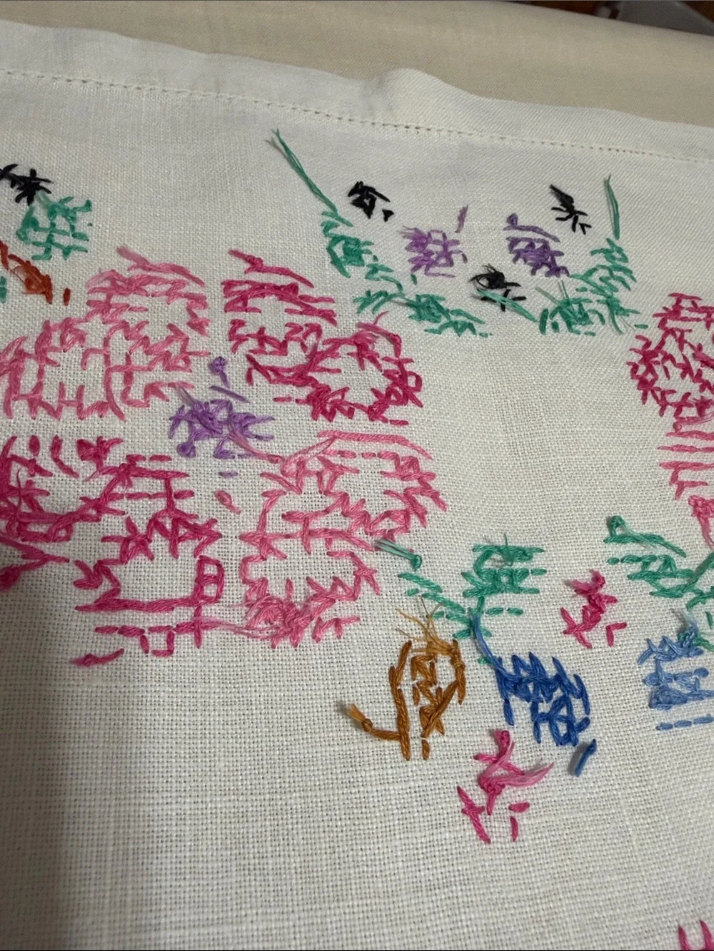 Embroidered Floral Linen Table Runner - Pink & Green
